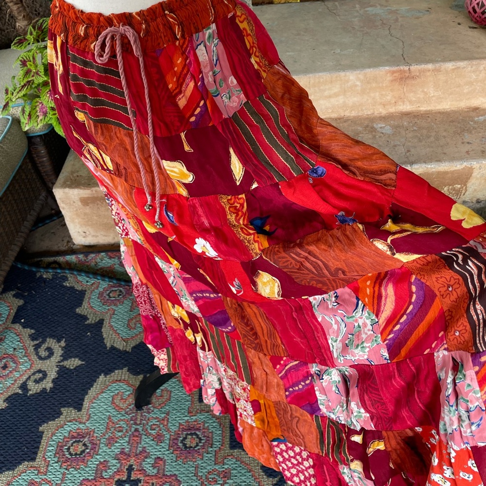 Vintage 90s Colorful Patchwork Drawstring Skirt OS